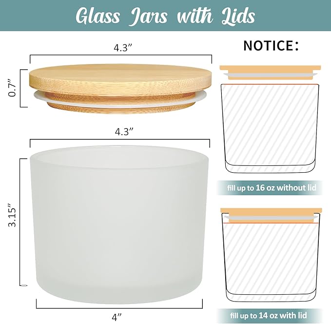 16oz 3 Wick Candle Jars 6 Pack - Large Empty Frosted Glass Candle Making Jars with Bamboo Lids, with Stickers and Labels, Bulk Candle Containers for Making Candles