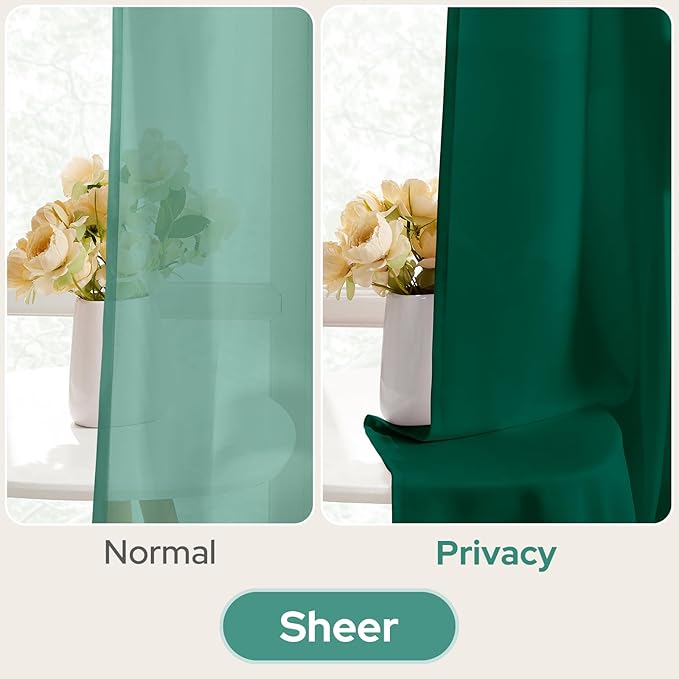 HOMEIDEAS Non-See-Through Dark Green Privacy Semi Sheer Curtains 96 Inches Long 2 Panels Set Light Filtering Curtains for Living Room Bedroom Drapes,W52xL96
