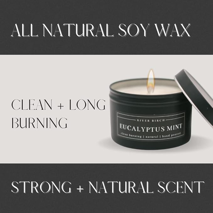 River Birch Candles Eucalyptus Mint Scented Candle | Premium, All-Natural, Non-Toxic, Soy Candles | 8 oz. Black Matte Tin Travel Candle | Cozy Relaxing Gifts for Home