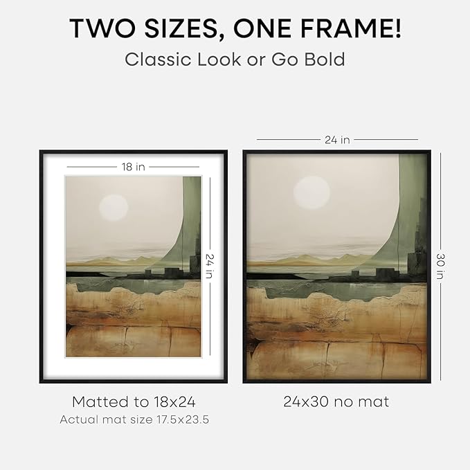 Homeforia Poster Frame 24x30 Black, High End Oak 24x30 Wooden Picture Frames with Mat 18x24 in Photo, 24 x 30 Large Wood Frame Matted to 18 by 24 Print, 30x24 Frame, Tempered Glass, Wall Kit, Set of 2