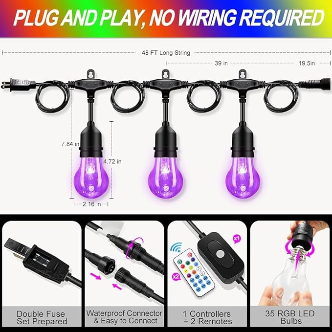 Auroraworld 48FT RGB Outdoor String Lights, Dimmable Color Changing Waterproof LED Patio Lights with Remote & E26 Shatterproof Edison Bulbs for Bistro Backyard Garden Party Decor