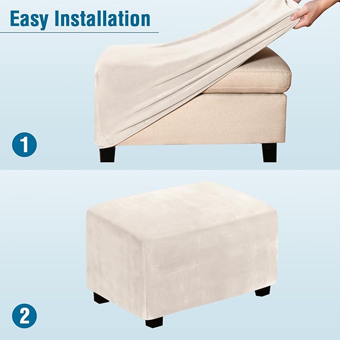 H.VERSAILTEX Ottoman Covers Slipcover Rectangle Real Velvet Plush 1 Piece Form Fit Stretch Folding Storage Covers Ottoman Slipcovers Removable Footrest Covers Elastic Bottom Washable(X-Large, Ivory)