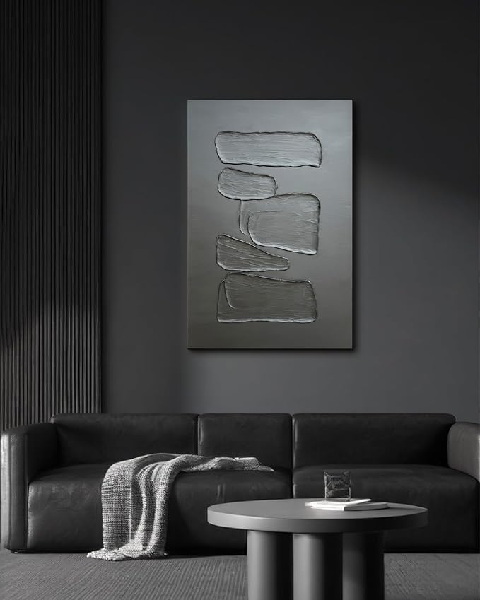 Creespi Hand-Painted Minimalist Black Textured Wall Art 24x36 inch,Modern Abstract Oil Painting On Canvas for Wall Décor
