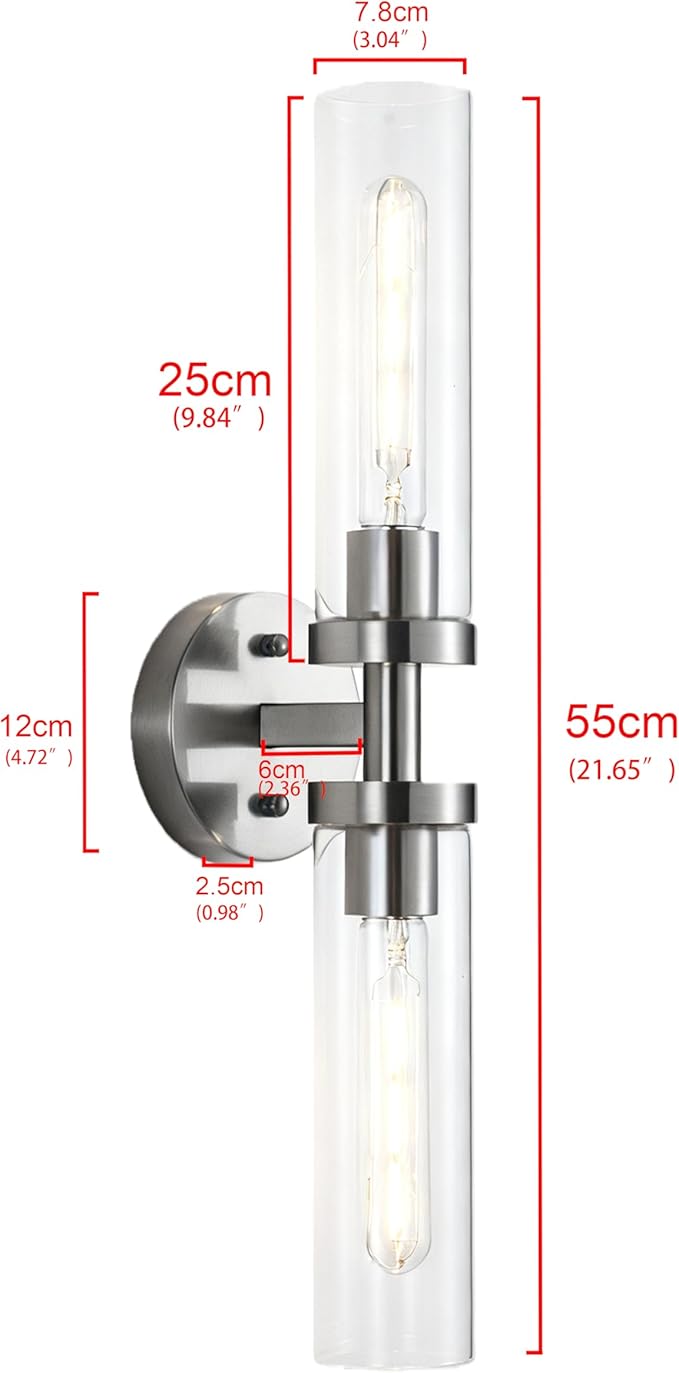 AT-VALY Wall Sconces Set of Two,Vanity Light Fixtures with Clear Glass,Modern Sconces Wall Decor for Bathroom, Living Room Mirror (Brushed Nickel)