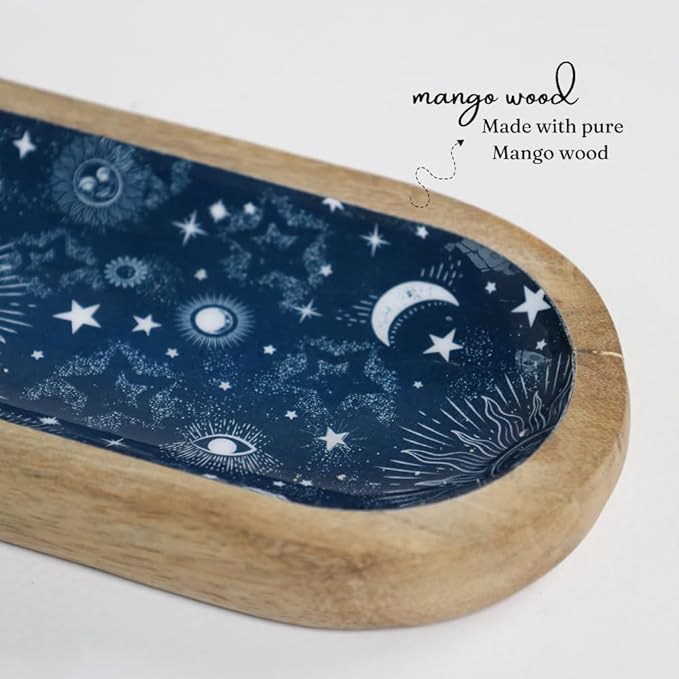 The Art Box Hand-Painted Incense Burner Holder Dark Blue - 12x4x1 inch Wooden Long Incense Stick Tray Holder for Modern Gift, Ash Catcher Incense Stick Holder - Meditation & Yoga