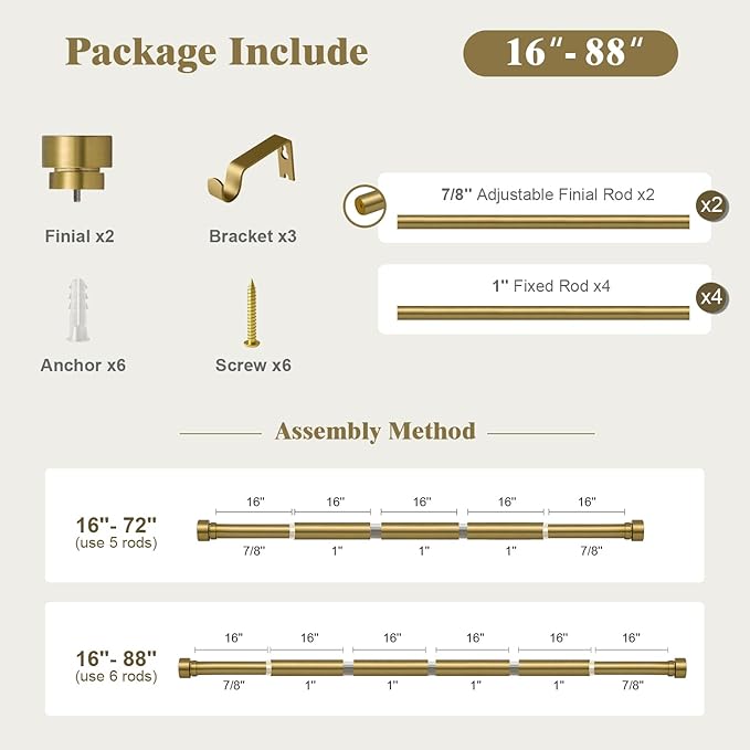 Oneach Curtain Rods for Windows 48 to 84 Inch, 1 Inch Pole Adjustable Curtain Rod with Easy Installation and Modern Design (Antique Gold, 16 to 88 Inch)