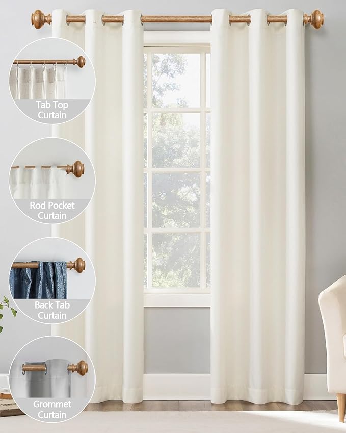 Wood Curtain Rods for Windows 32 to 45 Inch, 1 Inch Adjustable Curtain Rod Decoration Boho Drapery Rods Heavy Duty, Farmhouse Rustic with Imitation Wood Grain Finials