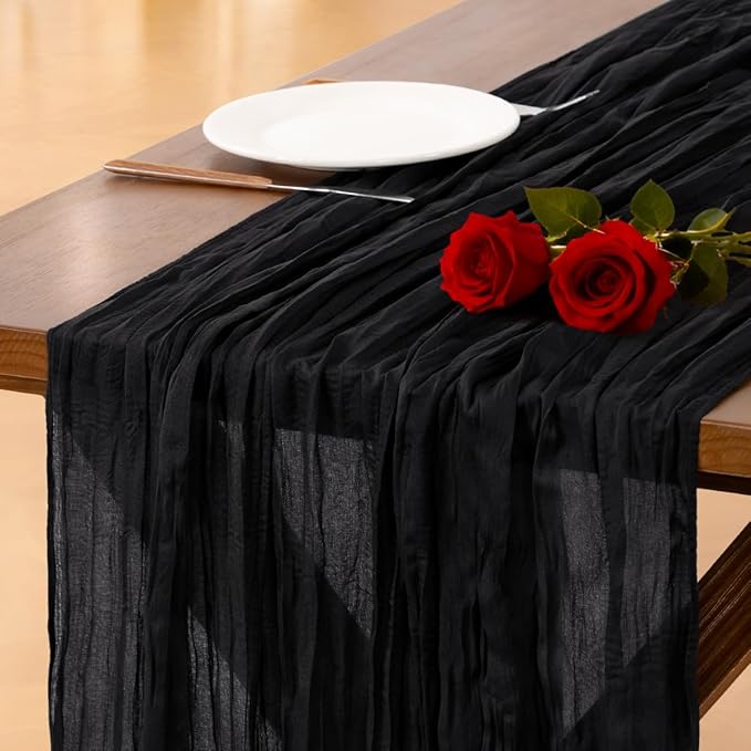 Socomi 10pcs Black Cheesecloth Table Runner Boho Rustic Gauze Valentine's Day 120 inch 10FT Cheese Cloth Runner for Wedding Party Baby Shower Birthday Home Decor Holiday Decorations