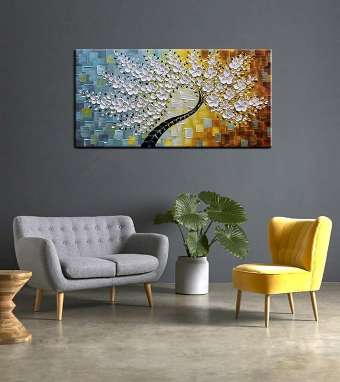 YaSheng Art -100% HandPainted Oil Painting On Canvas Texture White 3D Flower Tree Paintings Abstract Canvas Wall Art Home Bedroom Dining Room Living Room Modern Wall Decor Art Ready to hang 24x48inch