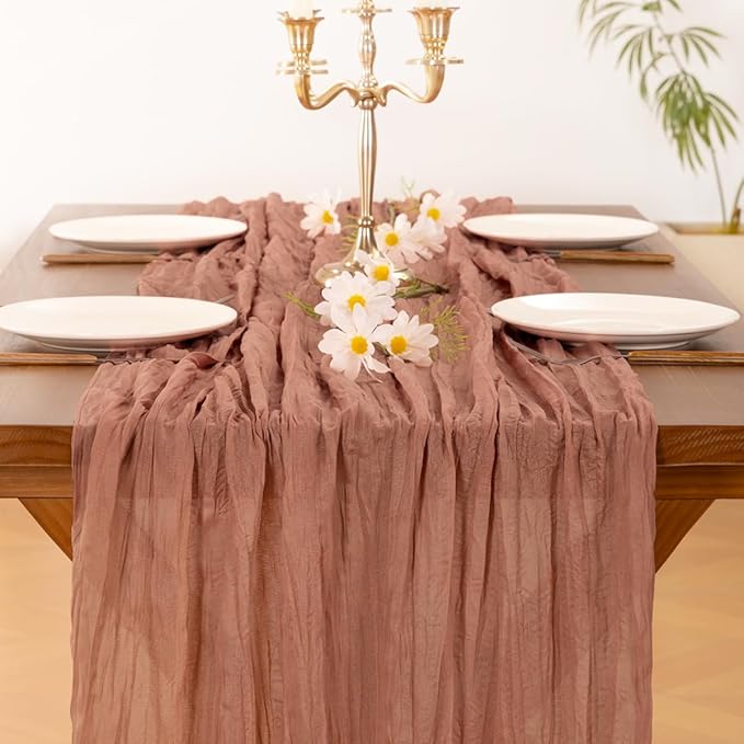 Socomi Dusty Rose Valentine's Day Cheesecloth Table Runner Boho Rustic Gauze 120 inch 10FT Cheese Cloth Runner for Wedding Party Baby Shower Birthday Home Decor Holiday Decorations