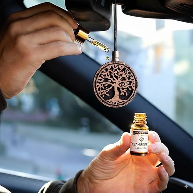 Wood Car Air Freshener — Handmade Car Air Freshener — Tree Of Life Designed Fragrance Oil Diffuser in Wooden Gift Box — Aromatherapy Gift Set with Coffee Beans Fragrance Oil - 10 ml