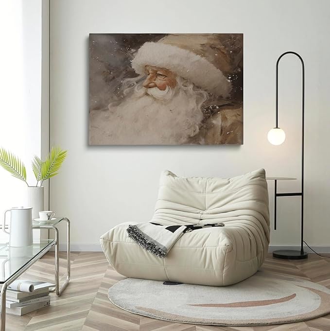 Neutral Rustic Santa, Vintage Christmas Print, Beige Holiday Decor, Winter Print, Christmas Living Room Fireplace Office Decor - 16x24inch Unframed