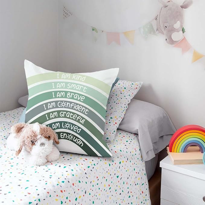 QIYUHOY Boho Sage Eucalyptus Green Rainbow Classroom Throw Pillow Covers, Olive Green Pillow Cover, Book Center Calming Corner Playroom Decor Pillow Case,I Am Kind Smart Brave Confidence,18x18 Inch