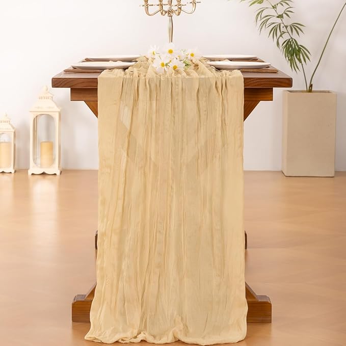 Socomi 6pcs Gold Champagne Cheesecloth Table Runner Valentine's Day Boho Rustic Gauze 120 inch 10FT Cheese Cloth Runner for Wedding Party Baby Shower Birthday Home Decor Holiday Decorations