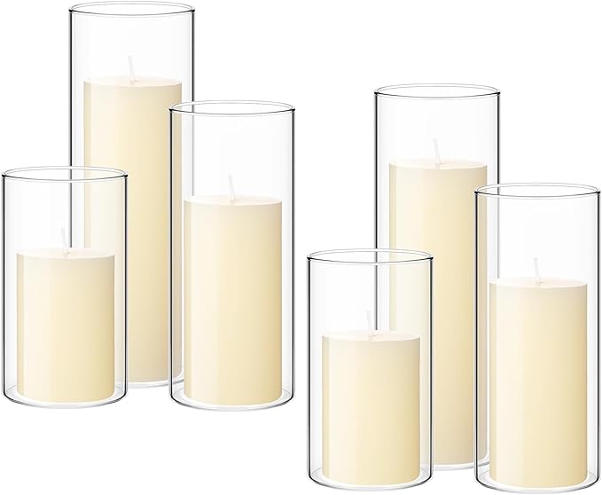 Shihanee Set of 6 Pillar Candles with Glass Cylinder Vases Clear Cylinder Hurricane Candleholders for Slim Tall Pillar Candles Wedding Thanksgiving Day Centerpieces(2.6'' X 4.7'', 5.9'', 7.9'',Ivory)