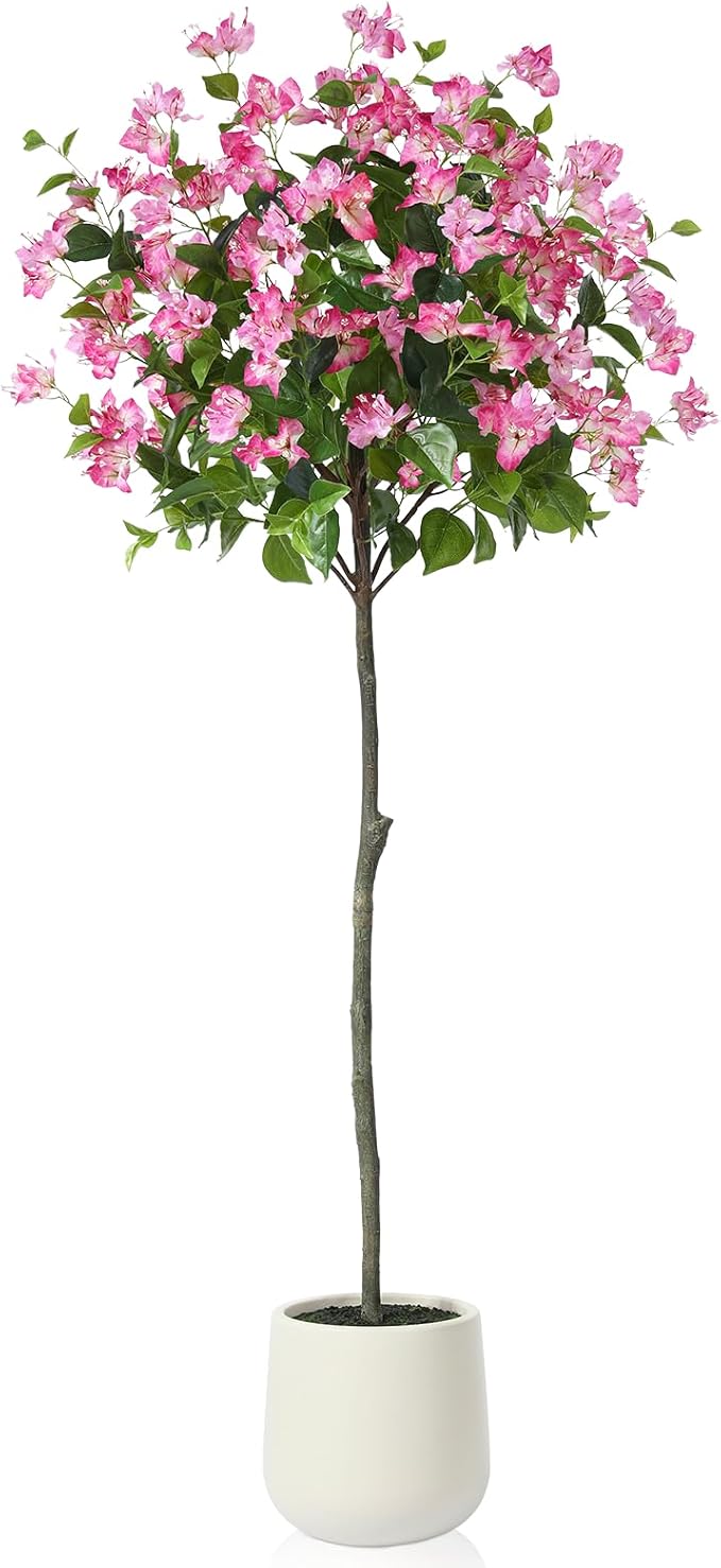 6FT Artificial Bougainvillea Tree- Faux Pink Silk Flowers in White Imitation Ceramic Planter - Fake Plants for Indoor Home Office and Living Room Decor - Perfect Housewarming Gift