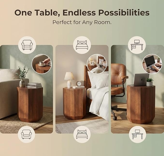 Relso Octavian Geometric End Table - Solid Mango Wood with Walnut Finish | Unique Round Boho Side Table, Coffee Table, Nightstand | Modern Farmhouse Accent Table for Bedroom, Living Room, Reading Nook