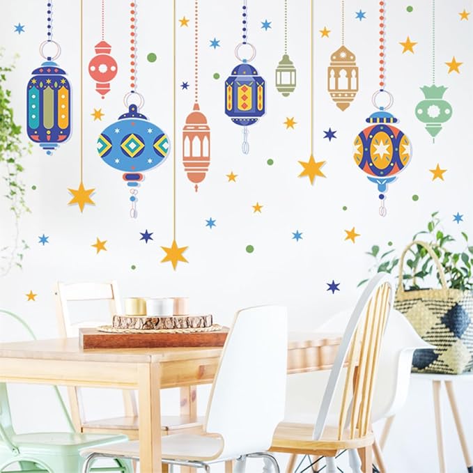 Colorful Lantern Pattern Wall Decal for Room Decor Handmade Celebration Wall Sticker Peel and Stick Star Lantern Theme for Holiday Celebration