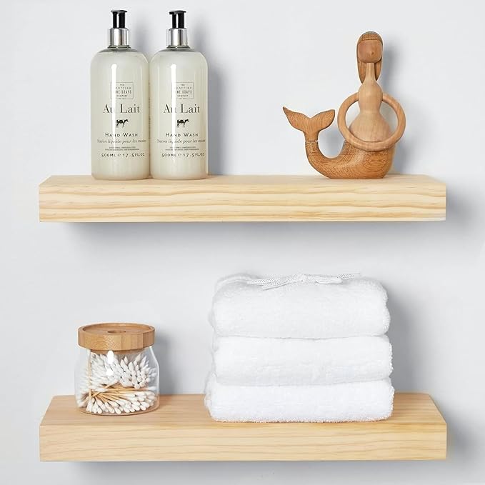 Homeforia 18 inch Natural Floating Shelf, High End Solid Real Wood 18inch Small Floating Shelves for Wall Mounted, Natural Wooden Floating Shelves, Heavy Duty Bracket, 18 X 6.5 X 1.75 in, Set of 3