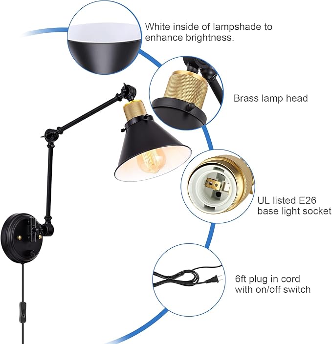 TRLIFE Plug in Wall Sconces, Dimmable Wall Sconce Swing Arm Wall Lights Plug in, Adjustable Wall Mounted Light Wall Lights with 6FT Plug in Cord, E26 Base(Two Arms, 2 Pack)