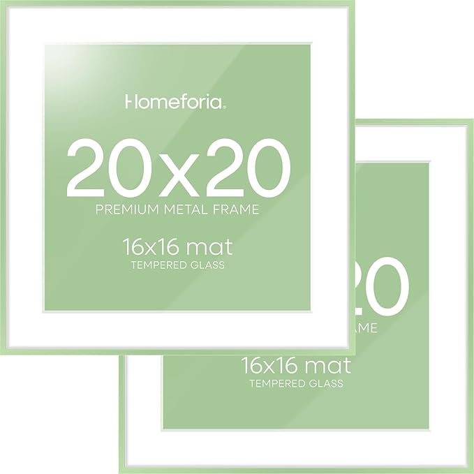 Homeforia 20x20 Picture Frame Sage Green, High End Metal 20 x 20 Square Poster Frames with Mat 16 x 16 Photo, 20x20 Frame Matted to 16x16 Art, 20by20 Hanging Frames, Tempered Glass, Wall Kit, Set of 2