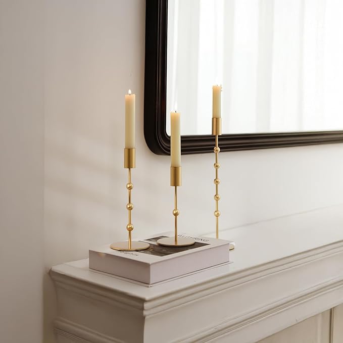 DN DECONATION Gold Candle Holders, Vintage Metal Beaded Taper Candlestick Holders Set of 3 for Wedding, Home Decor, Pillar Candle Sticks Holder Fall Decor for Halloween Table Centerpieces