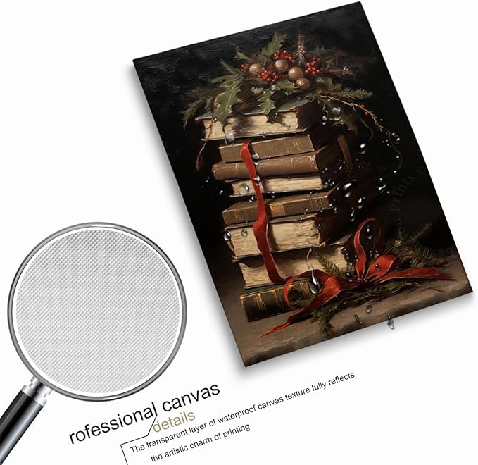 Victorian Christmas Book Stack Wall Art,Book Art,Christmas Still Life Print, Winter Print Oil Painting,Dark Academia,Moody Holiday Art,Christmas Decor For Library Reading Room16x24inch Unframed