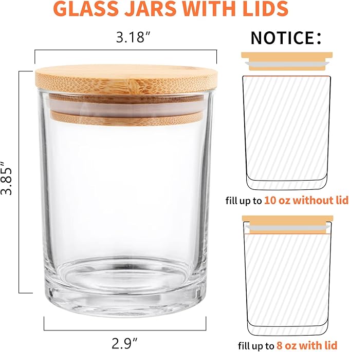 SUPMIND 12 Pack Glass Candle Jars-10oz Clear Empty Candle Jars with Bamboo Lids and Sticky Labels, Bulk Candle Jars for Making Candles Containers - Dishwasher Safe