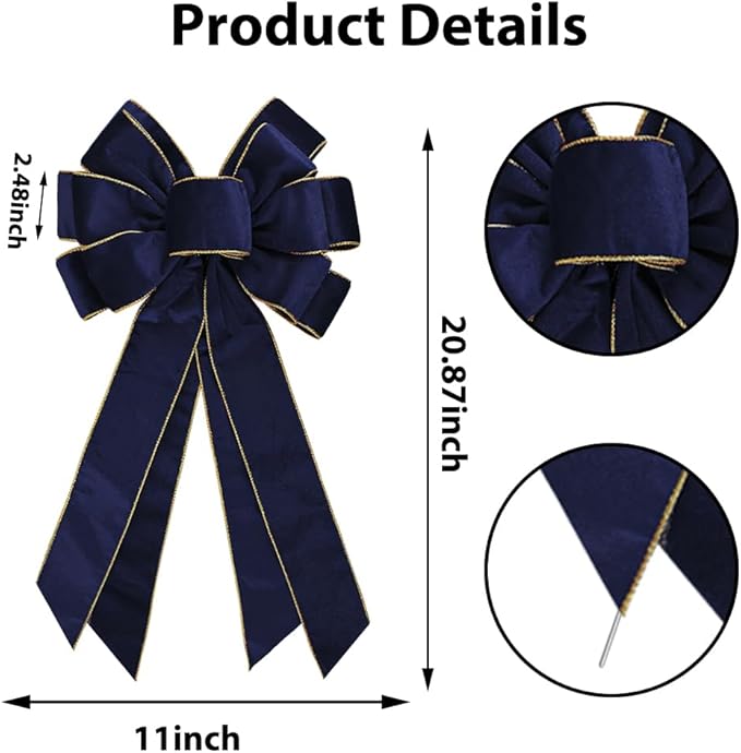 Large Christmas Bow for Wreath 20 * 11inch Vintage Navy Wreath Bow Blue Velvet Tree Topper Ornament Decorative Bows for Wedding Home Outdoor Indoor Party