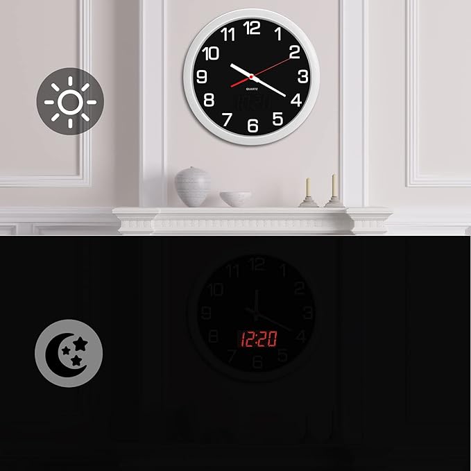 Night Light Wall Clock Battery Operated with LED Display, 12 Inch Silent Non-Ticking Quartz Wall Clock for Bedrooms, Classroom, Kitchen, Living Room