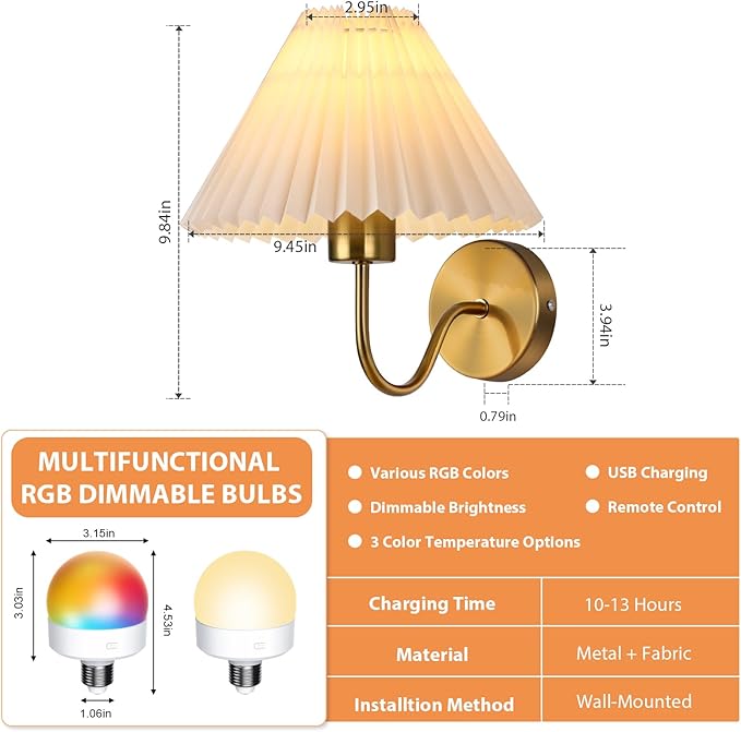 Battery Operated Wall Sconce Set of 2, Wireless Wall Sconces, Pleated Shades Rechargeable Wall Lights with Remote Control, Dimmable 15 Colors & Magnetic Bulbs Home Decor for Bedroom Living Room(Gold)