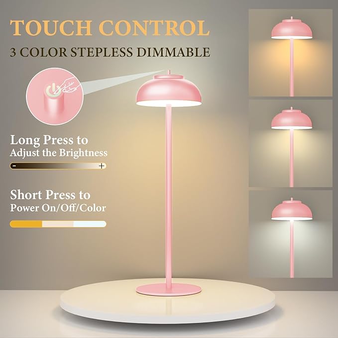 Pink Table Lamp Set of 2 Rechargeable,Table Lights Battery Operated-IP65 Waterproof-for Outdoor Patio/Restaurants/Home/Dinner/Table Lighting-Touch Control & Dimmable