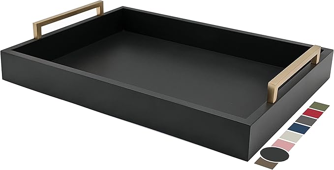 Decorative Coffee Table Tray - Ottoman Tray - Breakfast, Drinks, Liquor Serving Platter - Farmhouse to Modern - Matte Finish - Champagne Gold Handles - Pitch Black