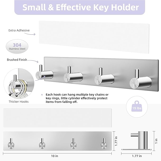 VIS'V Key Holder Wall Mount, Large Metal Self Adhesive Key Hanger with 4 Hooks, No Drilling, Extra Adhesive Strip, Silver