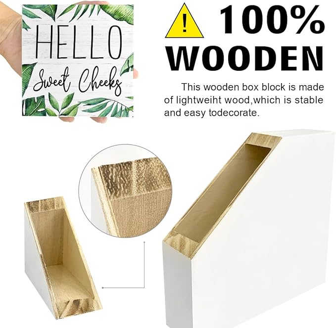 LVQHI Cute Bathroom Shelf Decor, Hello Sweet Cheeks Sign Wooden Box for Shelves Toilet Restroom Tabletop Decoration, Funny Green Plant Bathroom Sign Decor,5'' L x 5" H ﻿