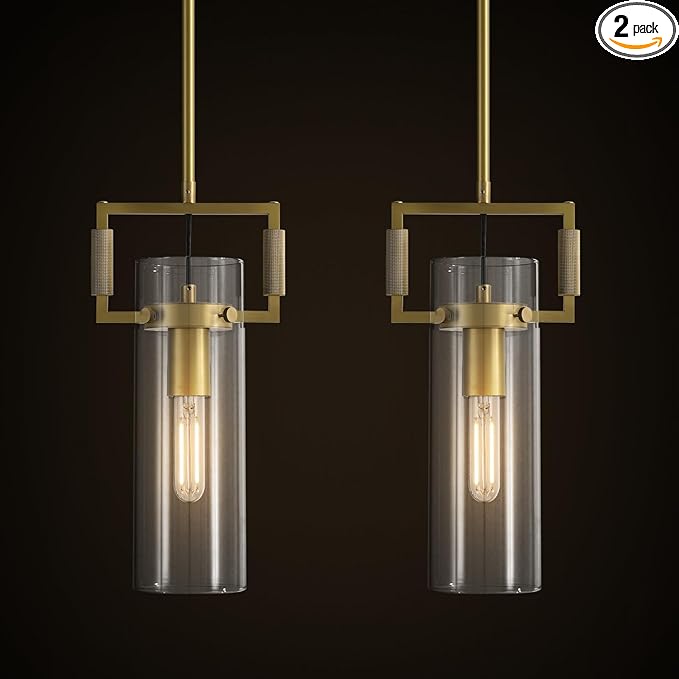 Modern Brass Pendant Lights 2 Pack, 12Inch Glass Farmhouse Island Lighting for Kitchen, Dining Room, Bathroom, and Bedroom