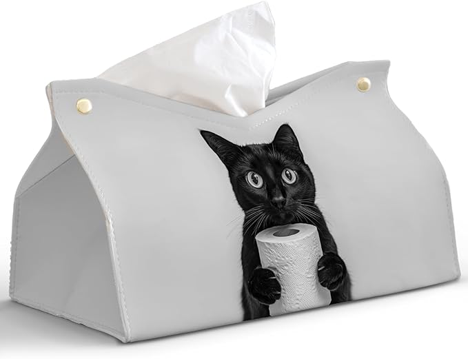 Cute Black Cat Leather Tissue Box Cover for Bathroom Decor,Fun Cat Toilet Paper Box Holder,Funny Decorative Facial Paper Case for Living Room Bathroom Office Desk,9.8x5.9x5.9In