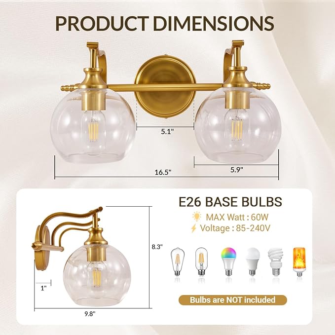 ANDY STAR Gold Bathroom Light Fixtures, 2-Light Brass Vanity Light, Modern Sconces with Globe Clear Lampshade, Farmhouse Bathroom Lighting Fixtures Over Mirror with Metal Lamp Body, E26 Base