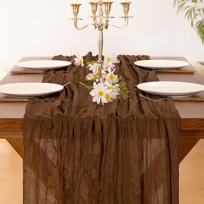 Socomi 6pcs Brown Coffee Valentine's Day Cheesecloth Table Runner Boho Rustic Gauze 120 inch 10FT Cheese Cloth Runner for Wedding Party Baby Shower Birthday Home Decor Holiday Decorations