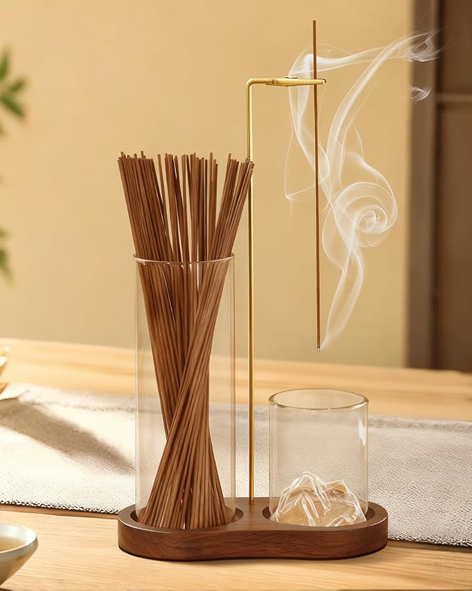 2-in-1 Walnut Wood Glass Incense Holder for Sticks, Anti-Ash Flying Incense Burner with Glass Ash Catcher & Incense Storage, Incense Stick Holder for Meditation, Yoga, Spa, and Home Decor