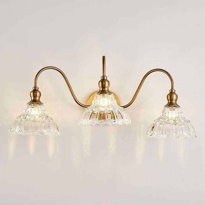Vintage 3-Light Wall Sconces Modern Brass Bathroom Vanity Lighting Fixtures Glass Retro Vanity Light for Bedroom, Bathroom, Doorway, Foyer, Hallway Light