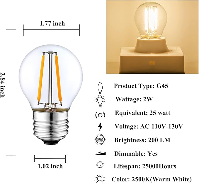 Dimmable 2W LED Globe Bulb 25Watt Equivalent E26 Light Bulb Warm White 2500K LED Edison Bulb, Vintage Filament Edison Decorative Bulb for Chandelier, Ceiling Fan, 6 Pack