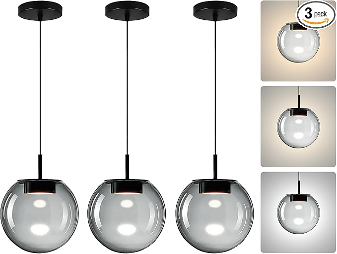 Modern 3CCT Smoke Glass Pendant Light for Kitchen Island with 3.9 FT Adjustable Cord, Modern Minimalist Pendant Lighting Fixtures for Kitchen, Dining Room, Living Room (7.9in, 3-Pack)