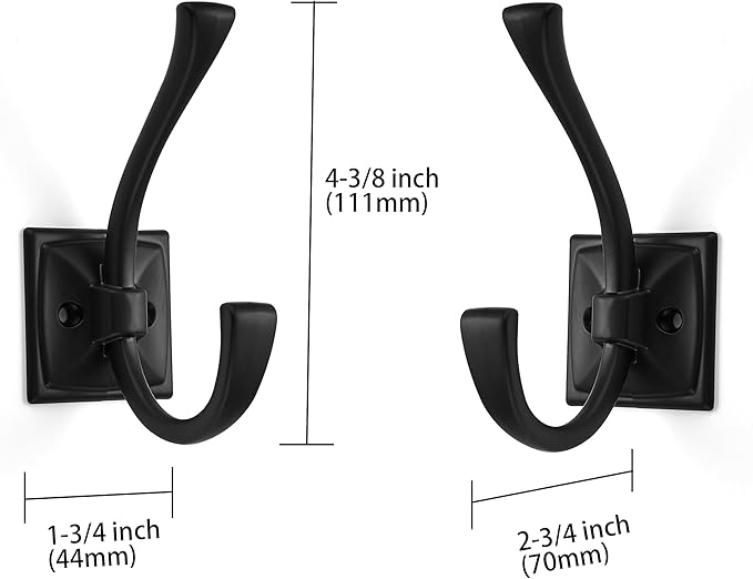 Large Wall Hooks 10 Pack Matte Black Coat Hooks Hardware Towel Hooks for Hanging Coats 4.35 Inch Double Robe Hooks Wall Mounted with Screws for Key, Towel, Bags, Cup, Hat