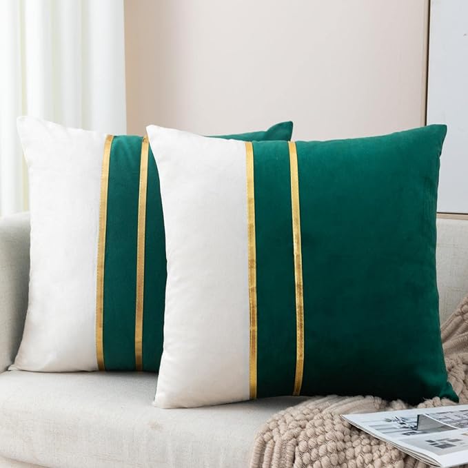 ZLINA Set of 2 Velvet Decorative Throw Pillow Covers Dark Green White Patchwork with Gold Leather Pillow Covers 24 × 24 Inch Cushion Covers Decor Living Room Sofa Bedroom Car