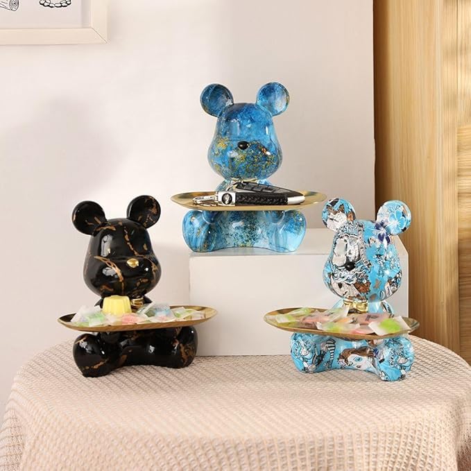 Resin Bear Sculpture, Accessory Tray Animal Statue, Sitting Bear for Home Decor and Office, Suitable for Bedroom, Living Room, Office on Table, Desktop, Shelves and Cabinet (Black Gold)