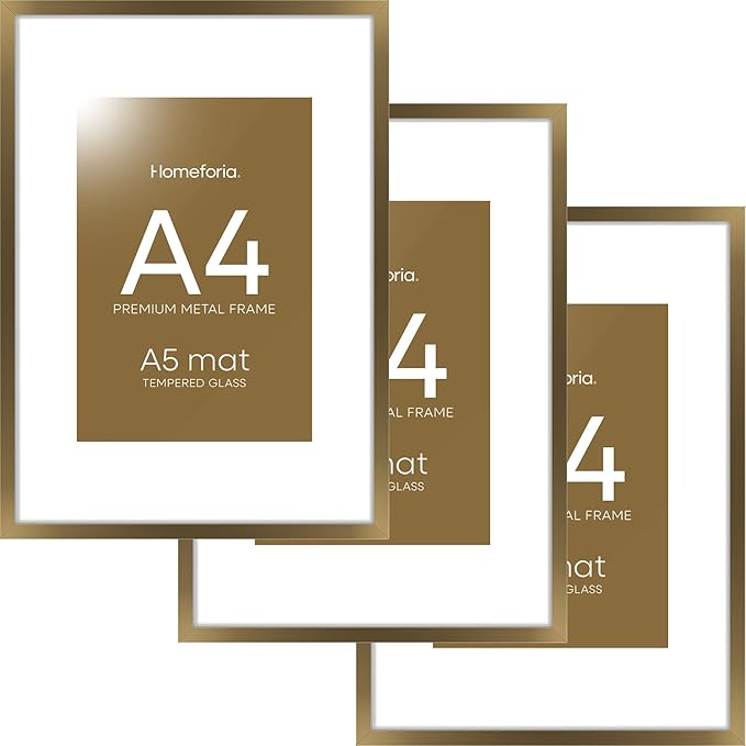Homeforia A4 Picture Frame Bronze, High End Metal 8.3 x 11.7 inch Brass Poster Frames with Mat 5.8 by 8.3 Print, A4 Frames Matted to A5 Photo, 8.3x11.7 Wall or Tabletop Frame, Tempered Glass, Set of 3