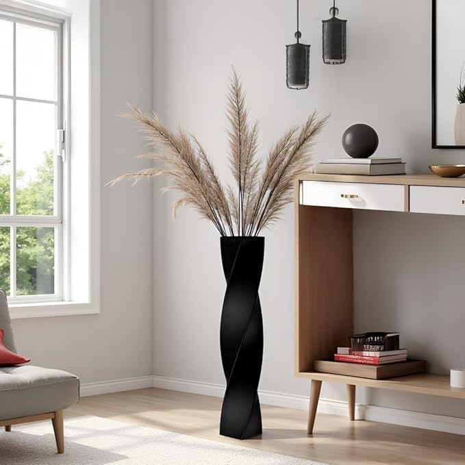 Tall Black Resin Floor Vase - 23.6 Inch Modern Square Twist Vases for Home Decor, Large Decorative Vase for Dried Flowers, Pampas Grass, Centerpiece - Matte Finish