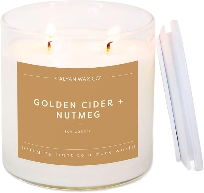 Calyan Wax Co. Golden Cider & Nutmeg 2 Wick Scented Candle - 37 Hour Burn - Luxury Non Toxic Soy Wax Candles - Long Lasting Large Glass Jar Candle for Home - 8.8oz