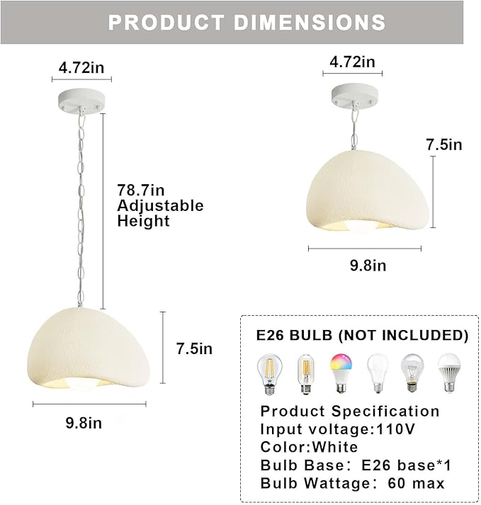 Wabi Sabi Pendant Lights,9.8in White Modern Pendant Light Resin Hanging Lamp Kitchen Island Lighting Modern Japandi Chandelier for Dining Room Bedroom Hallway Restaurant Foyer